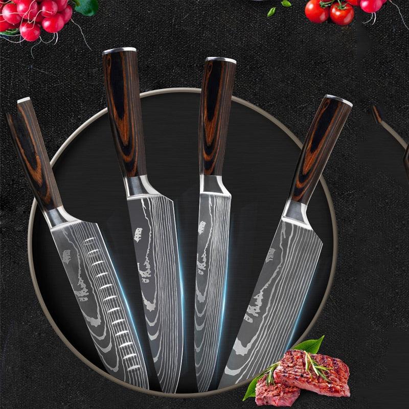 Great 8"inch Japanese Kitchen Knives - Laser Damascus Pattern Chef Knife - Sharp Santoku Cleaver Slicing Utility Knives Tool (AK5)(1U61)