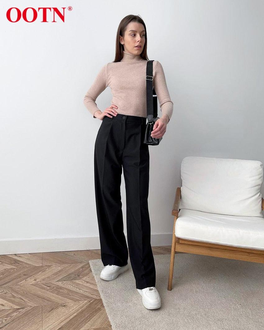 New Casual Baggy Trouser Women All-Match Pleated Spring High Waist Black Straight Pants - Office Elastic Waist Pocket Pants Lady (BP)(1U25) - Deals DejaVu