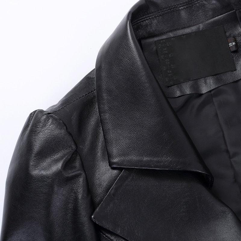 Gorgeous Fit and flare faux leather coat - Notched lapel long sleeve puff sleeve Skirted Black Elegant leather blazer- slim fit (TB8B)(TB8A)(TP3)(1U23) - Deals DejaVu