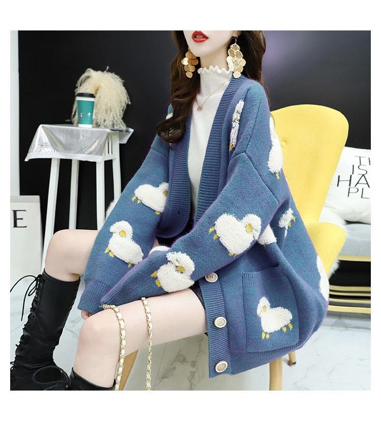 Trending Women Winter Knit Sweater Coat - V Neck Sheep Cardigans Christmas Sweaters Warm Knitwear Sueter Mujer Long Jacket (TP4)(TB8C)(BCD4)(1U23) - Deals DejaVu
