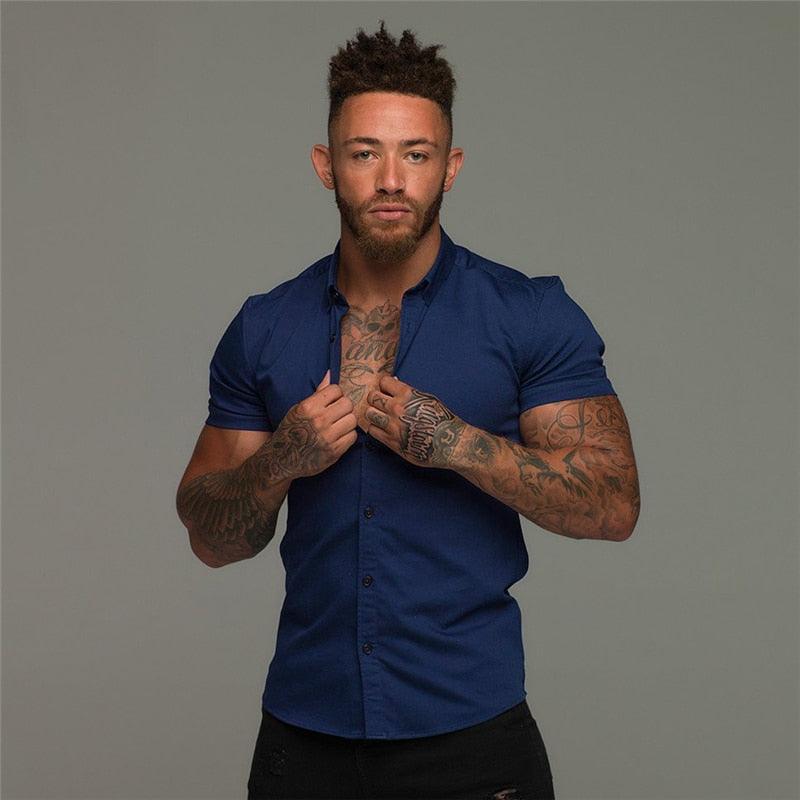 Summer Fashion Short Sleeve Shirt - Men Solid Super Slim Fit - Male Social Business - Men Gym Fitness(TM1)(T2G)(1U8)(TM8)