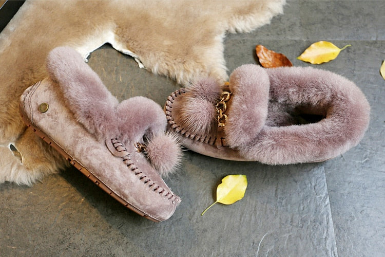 Trending Winter 100% Genuine Leather Real Wool Women Flats New Fashion Female - Plus Size Snow Shoes (FS)(CD)(1U40)(1U38)(1U107)