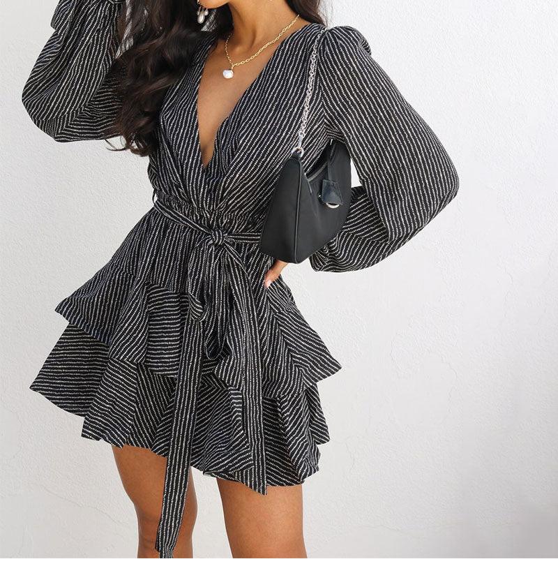 Gorgeous Dot Dress For Women - V Neck Sexy Party Ladies Mini Dresses - Long Sleeve Ruffles Belted Black High Street Vestidos Female (BWD)(WS06)(F30)(2U30) - Deals DejaVu