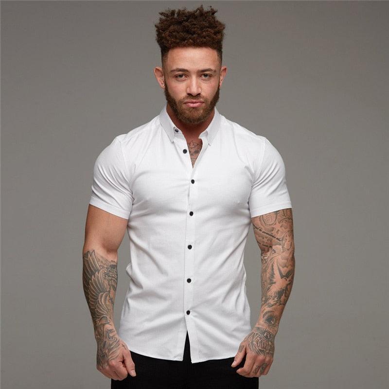 Summer Fashion Short Sleeve Shirt - Men Solid Super Slim Fit - Male Social Business - Men Gym Fitness(TM1)(T2G)(1U8)(TM8)