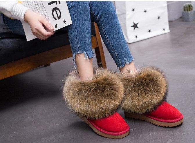 Cute Fashion Genuine Cowhide leather women's boots - real fox fur - winter warm ankle boots, various colors, plus size (FS)(CD)(1U40)(1U38)(1U107)