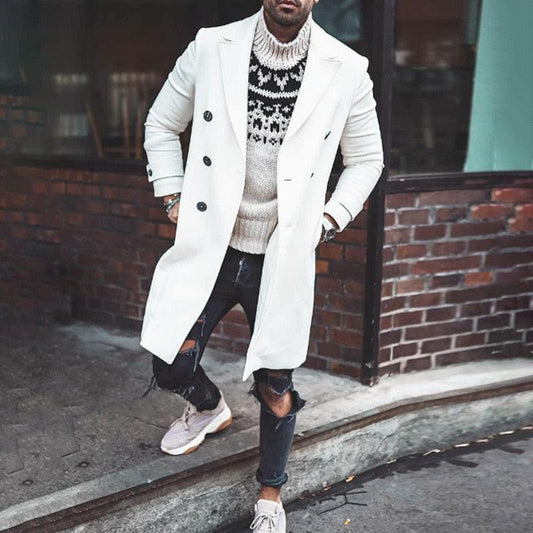 White Men Winter Trench Coats - Casual Slim Double Breasted - Mens Jacket Warm Long Oversize Overcoat England Style Coat Wool Jacket (D100)(TM4)(CC1) - Deals DejaVu