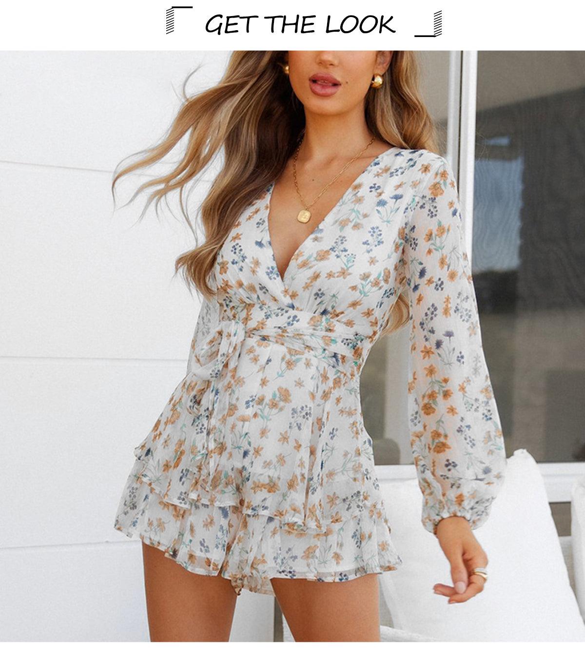 New Chiffon V Neck Women Romper Playsuit Summer Casual Long Sleeve Jumpsuits - 2022 Fashion Print Short Sets Outfit (BWD)(WS06)(F30)(2U30) - Deals DejaVu