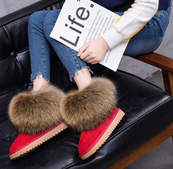 Cute Fashion Genuine Cowhide leather women's boots - real fox fur - winter warm ankle boots, various colors, plus size (FS)(CD)(1U40)(1U38)(1U107)
