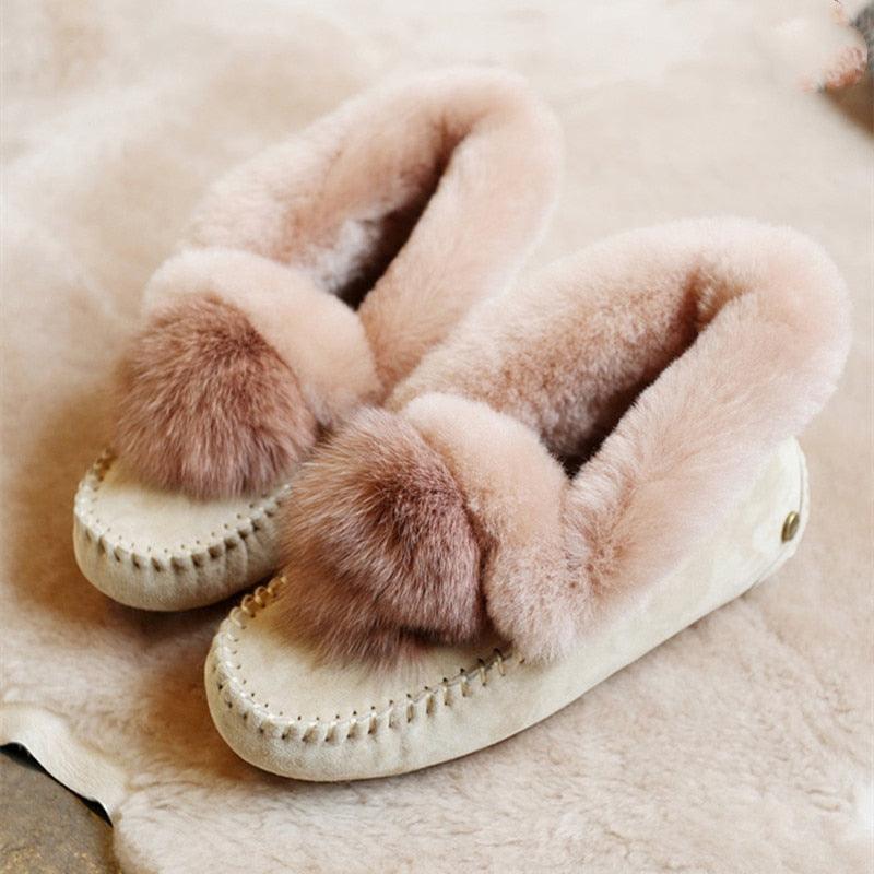 New Winter 100% Genuine Leather Real Wool Women Flats - New Fashion Female Moccasins Casual Loafers Plus Size Snow Shoes (FS)(CD)(1U40)(1U38)(1U107)