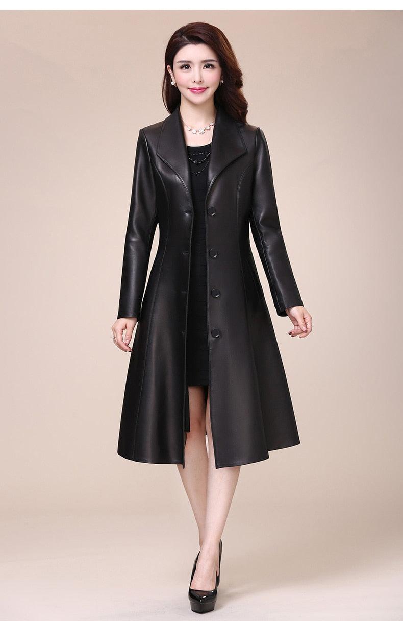Spring autumn long black soft faux leather coat - Women long sleeve buttons slim fit Elegant leather jacket women (TB8B)(TB8A)(TP3)(1U23) - Deals DejaVu
