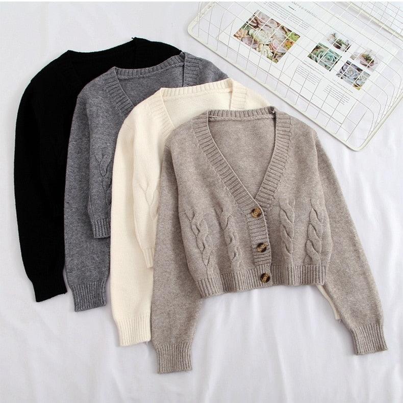 Great Women Cardigans Spring Short Cropped Cardigans - Button Up V neck Twisted Knitted White Cardigan Sueter Feminino (TP4)(TB8C)(1U23) - Deals DejaVu