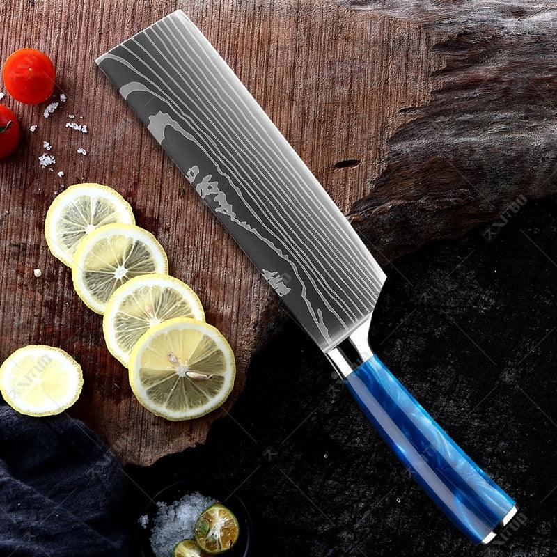 New Japanese Kitchen Knives Laser Damascus Pattern Chef Knife Sharp Santoku Cleaver Slicing Utility Knives Tool (AK5)(1U61)