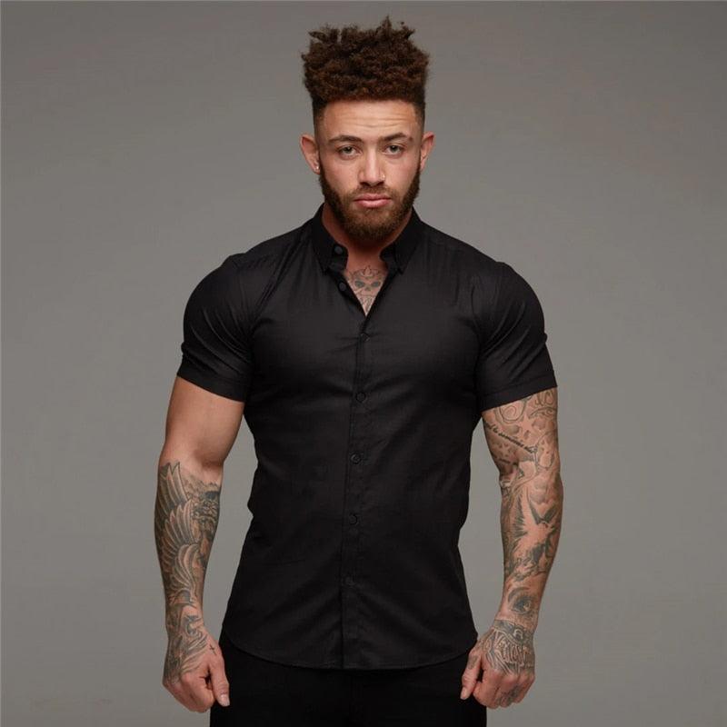 Summer Fashion Short Sleeve Shirt - Men Solid Super Slim Fit - Male Social Business - Men Gym Fitness(TM1)(T2G)(1U8)(TM8)