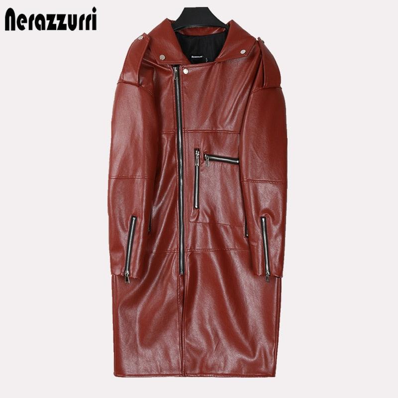 New Autumn Oversized Black Long Womens Leather Jacket - Long Sleeve Sipper Spring Loose Faux Leather Coat Streetwear (TB8B)(TB8A)(TP3)(1U23) - Deals DejaVu