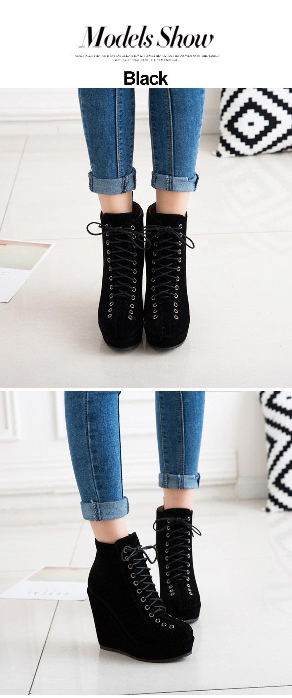 Great Lace Up Platform Women Ankle Boots - Short Winter Shoes Suede Wedge Heels Black Punk (BB2)(CD)(WO4)(BB5)(F38)(3U38) - Deals DejaVu