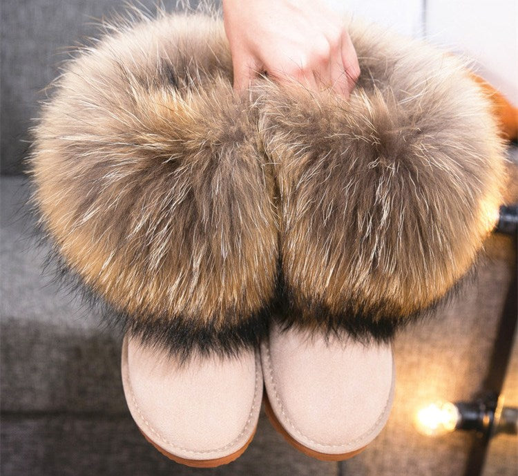Cute Fashion Genuine Cowhide leather women's boots - real fox fur - winter warm ankle boots, various colors, plus size (FS)(CD)(1U40)(1U38)(1U107)
