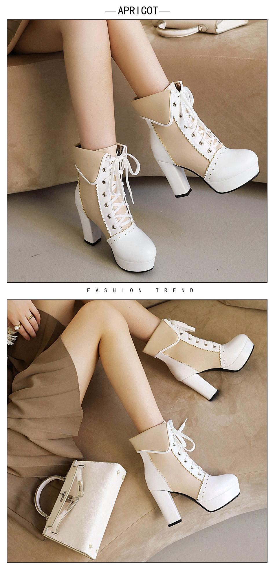 Sweet Cosplay Lolita Shoes Women Ankle Boots High Heels Ruffles Dress Wedding Shoes Bride Mixed Colors Lace Up (BB2)(CD)(WO4)(BB5)(F38)(3U38) - Deals DejaVu