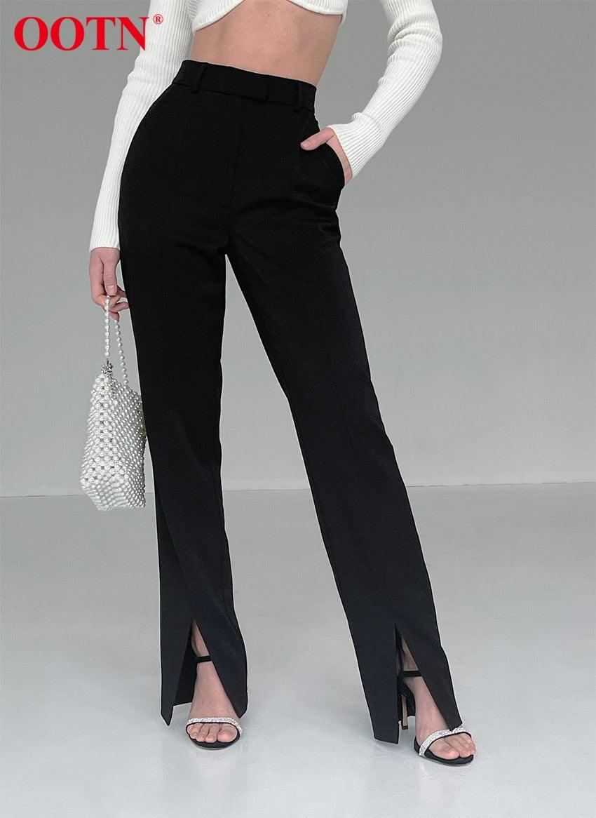 High Street Fashion Black Boot Cut Pants - Female High Waist Split Elastic Waist Slim Trouser For Women Wild Plus Length Pant (BP)(1U25) - Deals DejaVu
