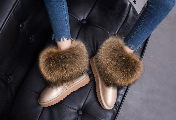 Cute Fashion Genuine Cowhide leather women's boots - real fox fur - winter warm ankle boots, various colors, plus size (FS)(CD)(1U40)(1U38)(1U107)