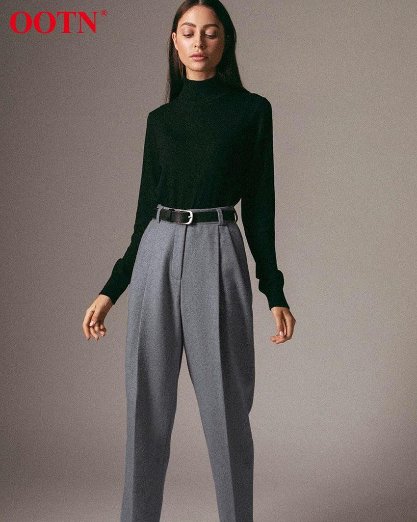 Amazing Office Work Trousers Ladies High Waist Gray Pants - Women Autumn Winter Woolen Pocket Casual Pencil Pants Female Fashion (BP)(1U25) - Deals DejaVu