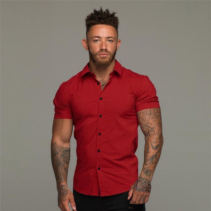 Summer Fashion Short Sleeve Shirt - Men Solid Super Slim Fit - Male Social Business - Men Gym Fitness(TM1)(T2G)(1U8)(TM8)