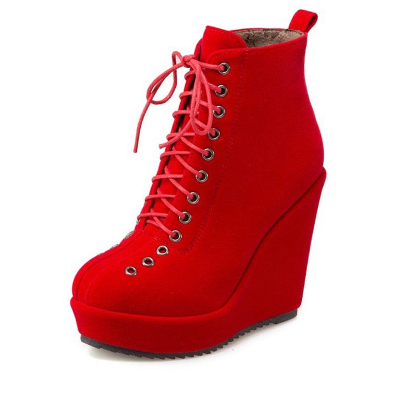 Great Lace Up Platform Women Ankle Boots - Short Winter Shoes Suede Wedge Heels Black Punk (BB2)(CD)(WO4)(BB5)(F38)(3U38) - Deals DejaVu