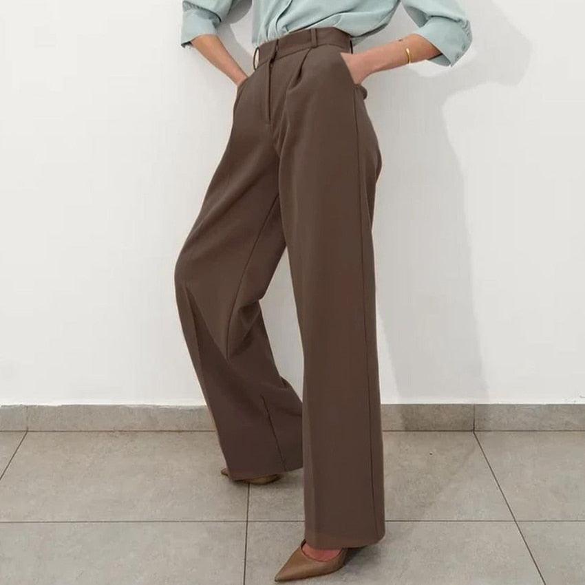 Great Office Work Lady Brown Trouser High Waist Elegant Korean Autumn Buttons Straight Pants For Women Pocket Female Pants new (BP)(1U25) - Deals DejaVu