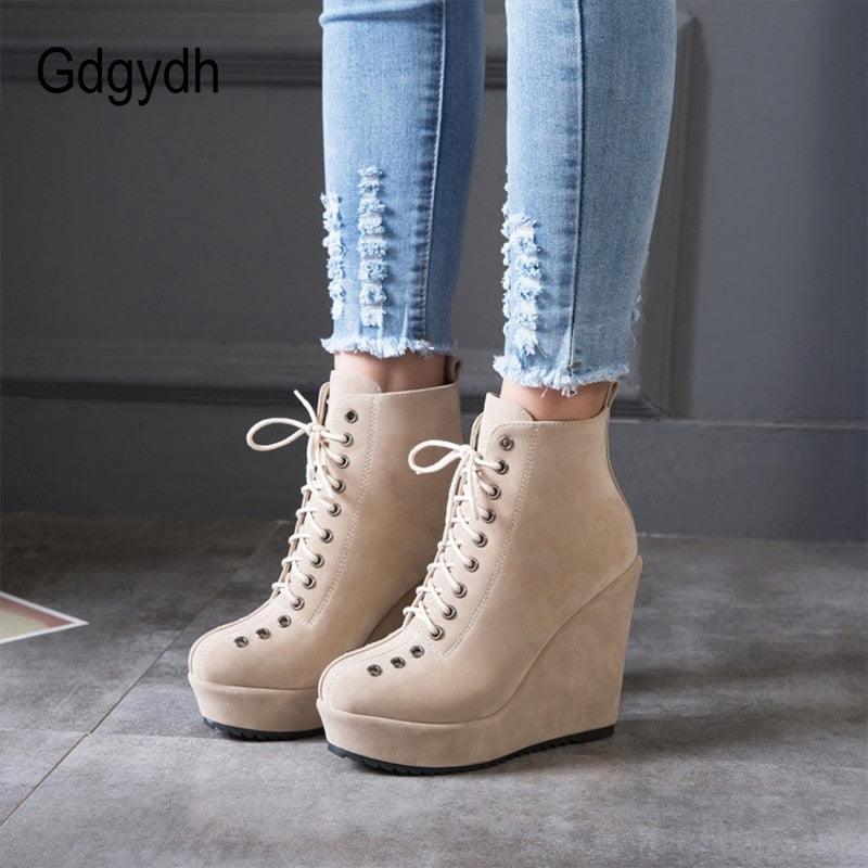 Great Lace Up Platform Women Ankle Boots - Short Winter Shoes Suede Wedge Heels Black Punk (BB2)(CD)(WO4)(BB5)(F38)(3U38) - Deals DejaVu