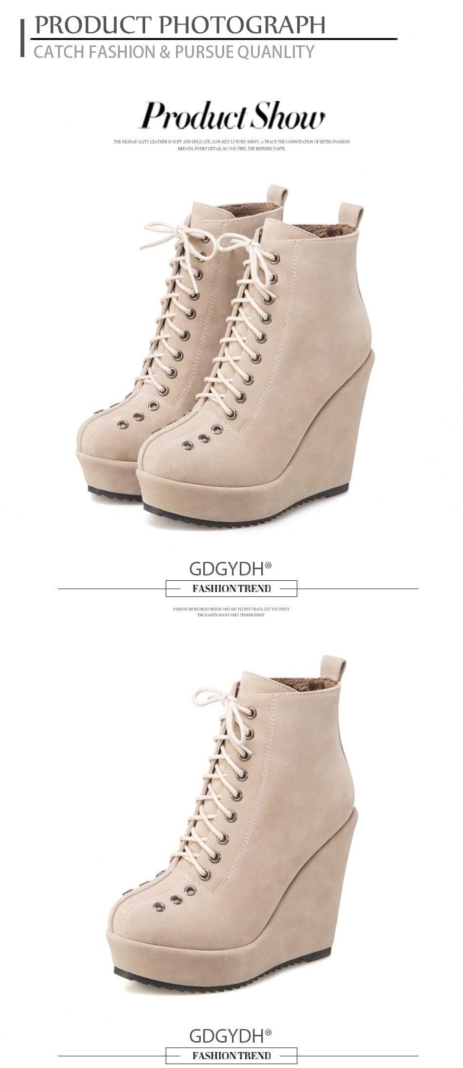 Great Lace Up Platform Women Ankle Boots - Short Winter Shoes Suede Wedge Heels Black Punk (BB2)(CD)(WO4)(BB5)(F38)(3U38) - Deals DejaVu