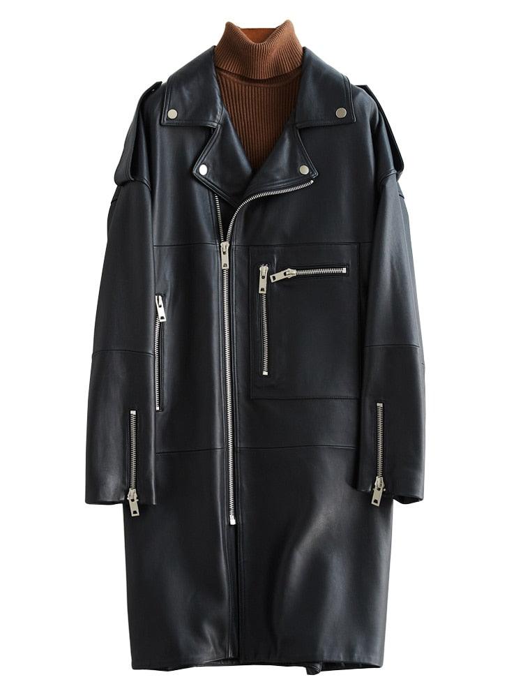 New Autumn Oversized Black Long Womens Leather Jacket - Long Sleeve Sipper Spring Loose Faux Leather Coat Streetwear (TB8B)(TB8A)(TP3)(1U23) - Deals DejaVu