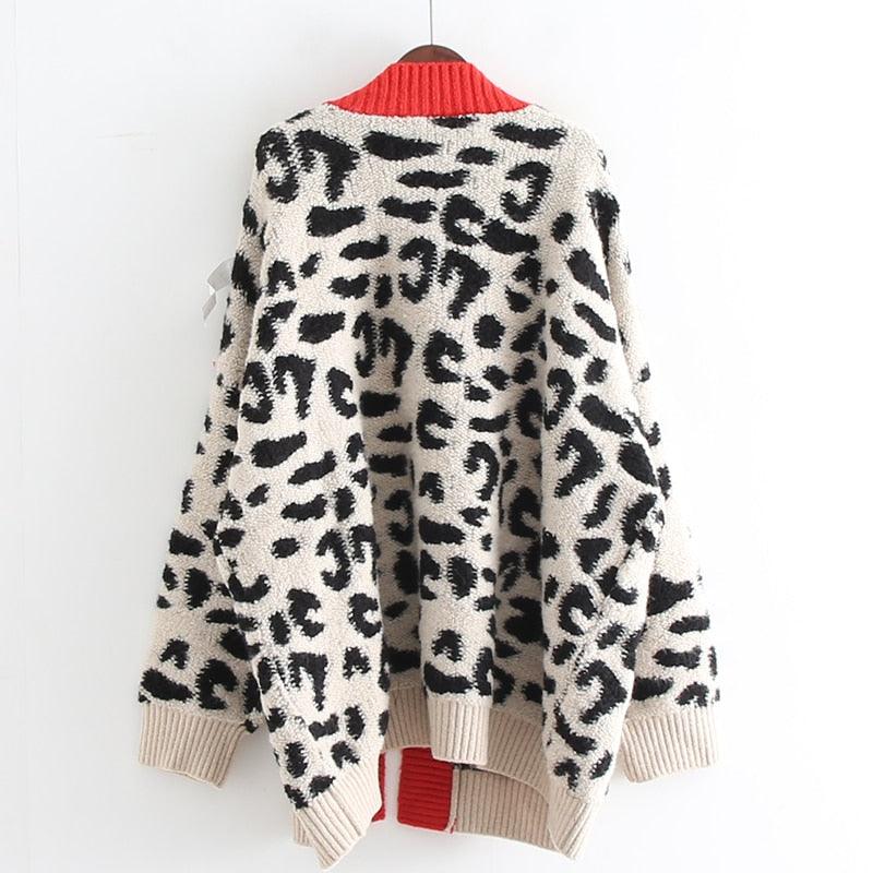 Women Fashion Long Sweater and Cardigans - Open Stitch Leopard Casual Cardigans Red and Yellow Oversized Knit Jacket Out Coat (TP4)(TB8C)(1U23) - Deals DejaVu