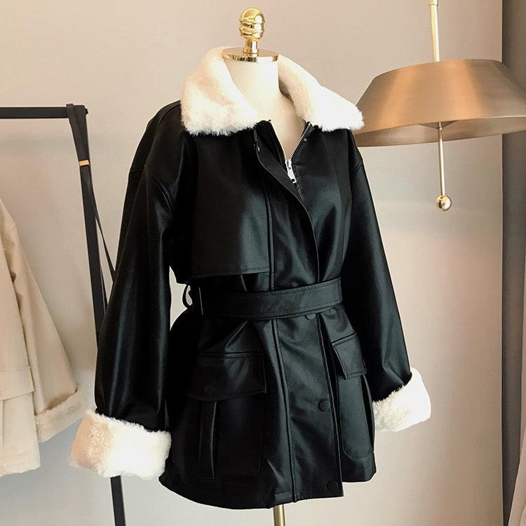 New Winter Oversized Leather Jacket - Women with Faux Rex Rabbit Fur Inside Warm Soft Thickened Fur Lined Coat Long Sleeve (TB8B)(TB8A)(TP3)(1U23) - Deals DejaVu