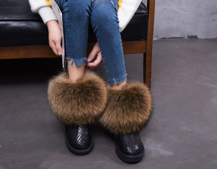 Cute Fashion Genuine Cowhide leather women's boots - real fox fur - winter warm ankle boots, various colors, plus size (FS)(CD)(1U40)(1U38)(1U107)