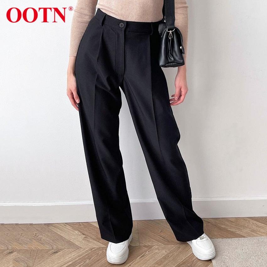 New Casual Baggy Trouser Women All-Match Pleated Spring High Waist Black Straight Pants - Office Elastic Waist Pocket Pants Lady (BP)(1U25) - Deals DejaVu