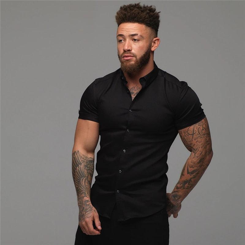 Summer Fashion Short Sleeve Shirt - Men Solid Super Slim Fit - Male Social Business - Men Gym Fitness(TM1)(T2G)(1U8)(TM8)