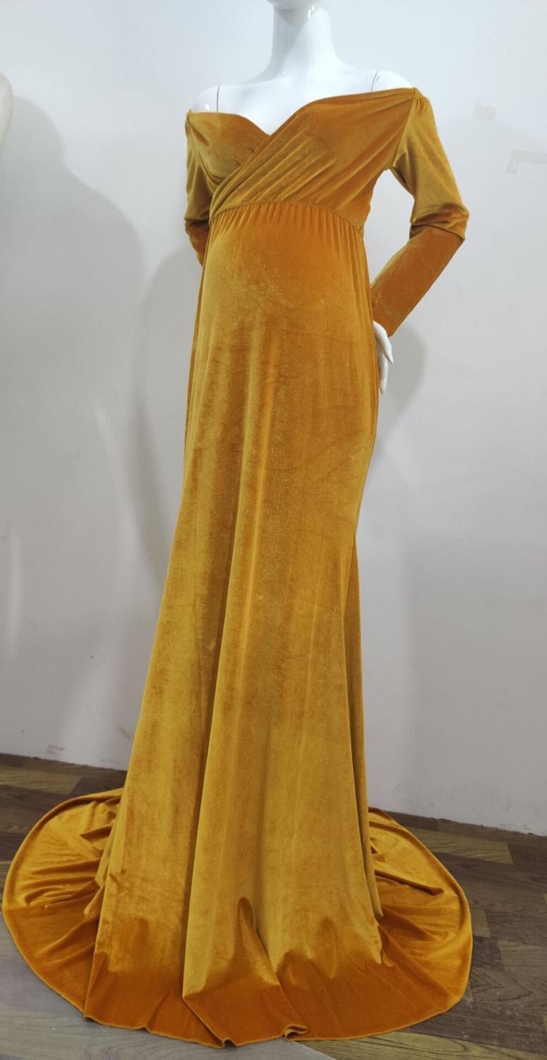 Maternity Dresses for Baby Showers Long Sleeve Pregnant Women Velvet Maxi Gown Dress Sexy V Neck Pregnancy Dress for Photo Shoot