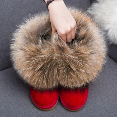 Cute Fashion Genuine Cowhide leather women's boots - real fox fur - winter warm ankle boots, various colors, plus size (FS)(CD)(1U40)(1U38)(1U107)