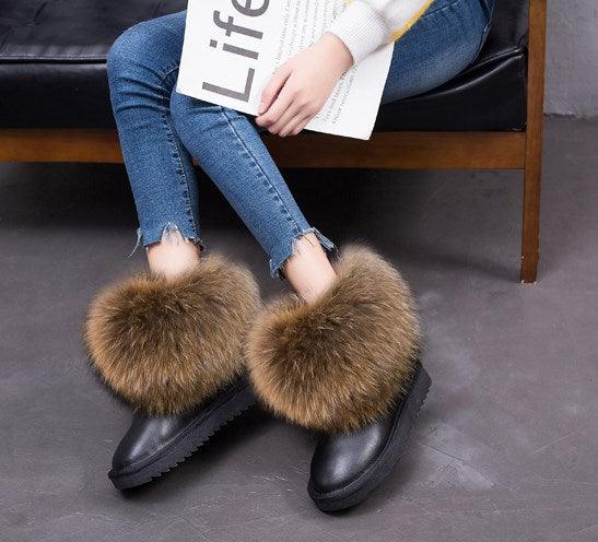 Cute Fashion Genuine Cowhide leather women's boots - real fox fur - winter warm ankle boots, various colors, plus size (FS)(CD)(1U40)(1U38)(1U107)