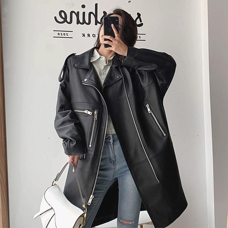 New Autumn Oversized Black Long Womens Leather Jacket - Long Sleeve Sipper Spring Loose Faux Leather Coat Streetwear (TB8B)(TB8A)(TP3)(1U23) - Deals DejaVu