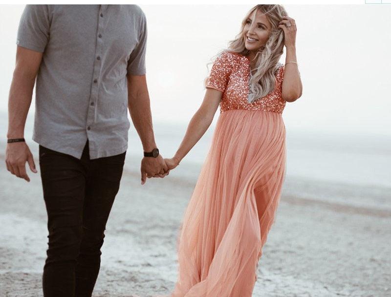 Sequin Tulle Maternity Leisure Dresses - Elegant Pregnancy Baby Shower Photography Props Clothes - Summer Pregnant Women Maxi Gown (Z6)(1Z1)(2Z1)(3Z1)(7Z1) - Deals DejaVu