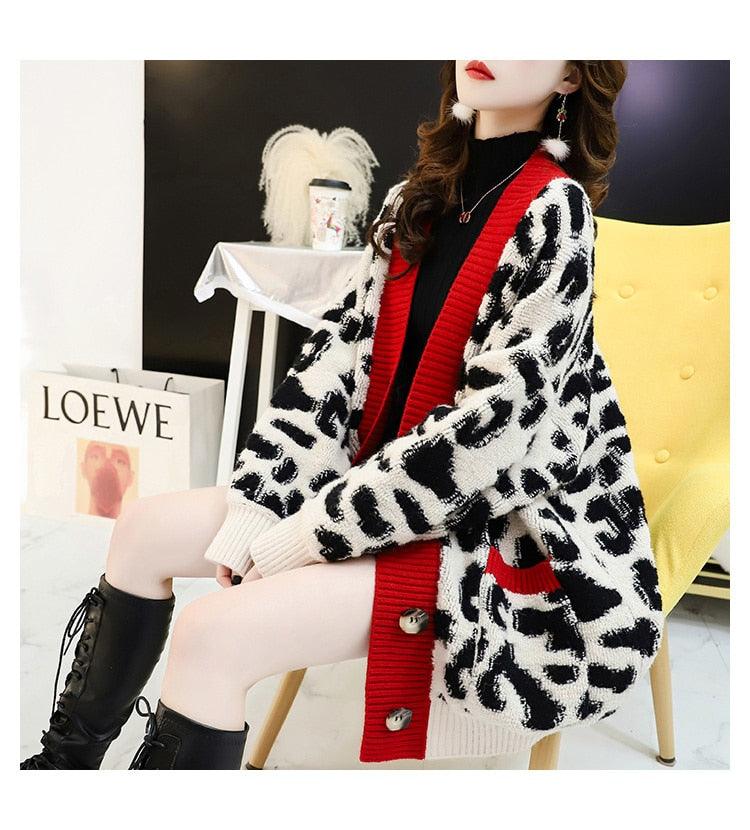 Women Fashion Long Sweater and Cardigans - Open Stitch Leopard Casual Cardigans Red and Yellow Oversized Knit Jacket Out Coat (TP4)(TB8C)(1U23) - Deals DejaVu