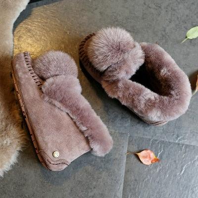 New Winter 100% Genuine Leather Real Wool Women Flats - New Fashion Female Moccasins Casual Loafers Plus Size Snow Shoes (FS)(CD)(1U40)(1U38)(1U107)