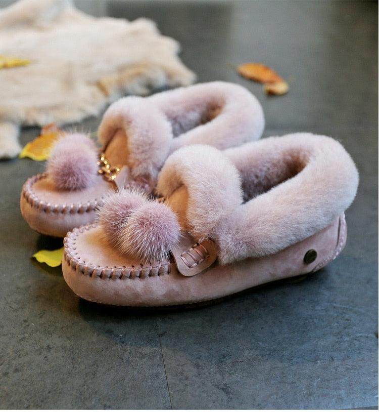 Trending Winter 100% Genuine Leather Real Wool Women Flats New Fashion Female - Plus Size Snow Shoes (FS)(CD)(1U40)(1U38)(1U107)
