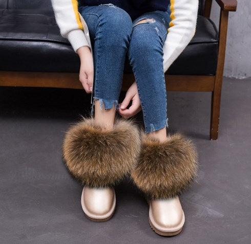 Cute Fashion Genuine Cowhide leather women's boots - real fox fur - winter warm ankle boots, various colors, plus size (FS)(CD)(1U40)(1U38)(1U107)