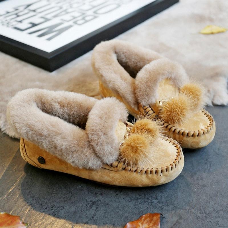 Trending Winter 100% Genuine Leather Real Wool Women Flats New Fashion Female - Plus Size Snow Shoes (FS)(CD)(1U40)(1U38)(1U107)