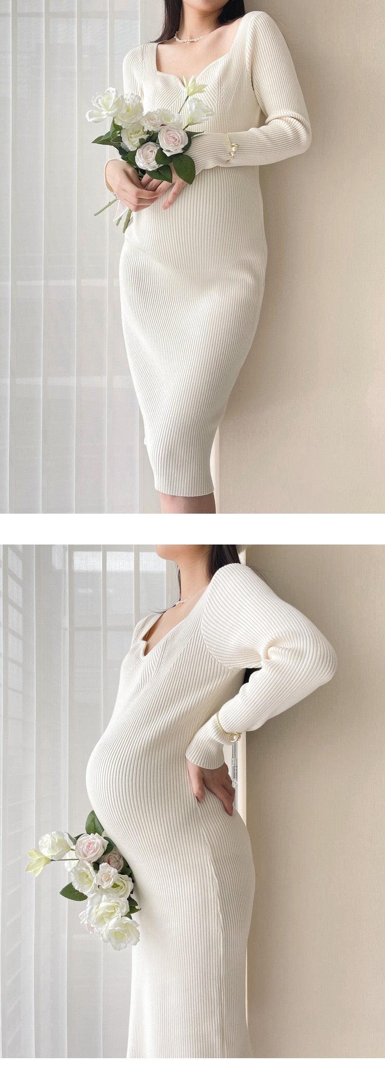Knitted Pregnancy Dress for Photo Shoot High Stretch Maternity Gown- White Photography Body Curve (1U5)(Z6)(Z8)(1Z1)(2Z1)(3Z1)(4Z1)(7Z1)