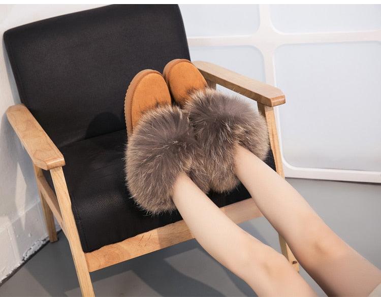 Cute Fashion Genuine Cowhide leather women's boots - real fox fur - winter warm ankle boots, various colors, plus size (FS)(CD)(1U40)(1U38)(1U107)
