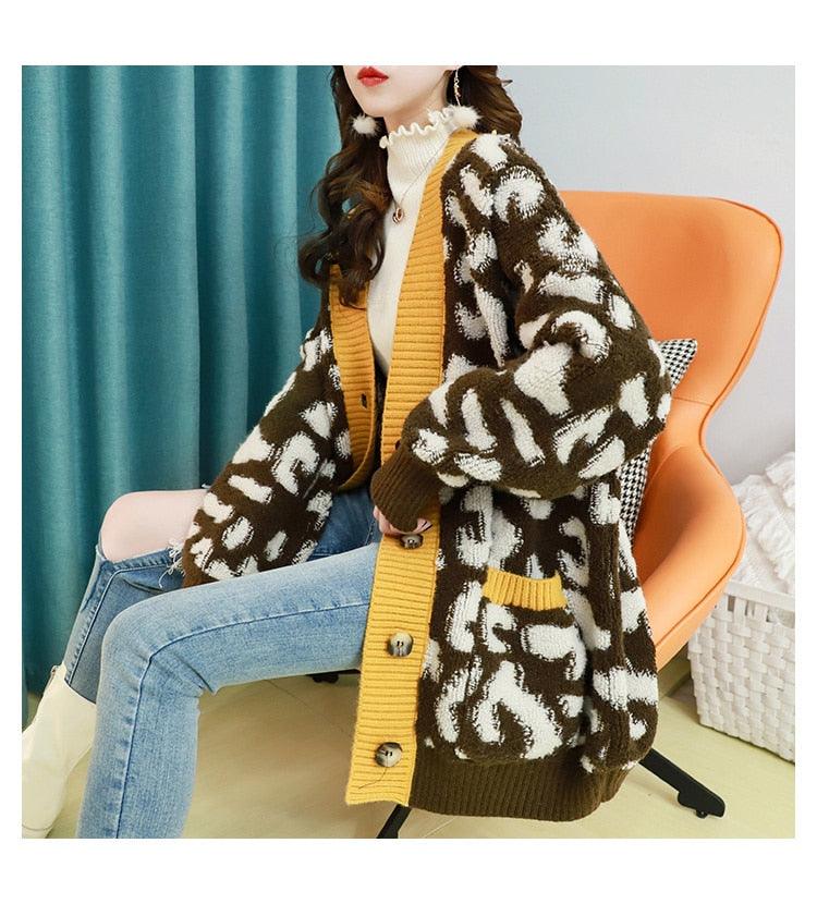 Women Fashion Long Sweater and Cardigans - Open Stitch Leopard Casual Cardigans Red and Yellow Oversized Knit Jacket Out Coat (TP4)(TB8C)(1U23) - Deals DejaVu
