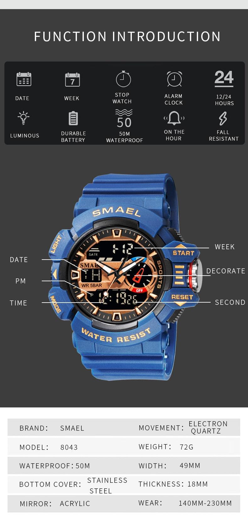 Military Watch For Men 50M Waterproof Clocks Luminous - Hands Digital Wristwatches Black Gold (MA9)(RW)(1U84)