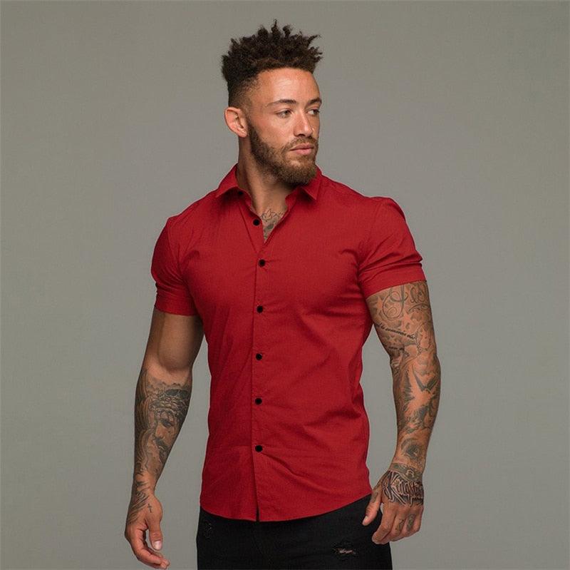 Summer Fashion Short Sleeve Shirt - Men Solid Super Slim Fit - Male Social Business - Men Gym Fitness(TM1)(T2G)(1U8)(TM8)